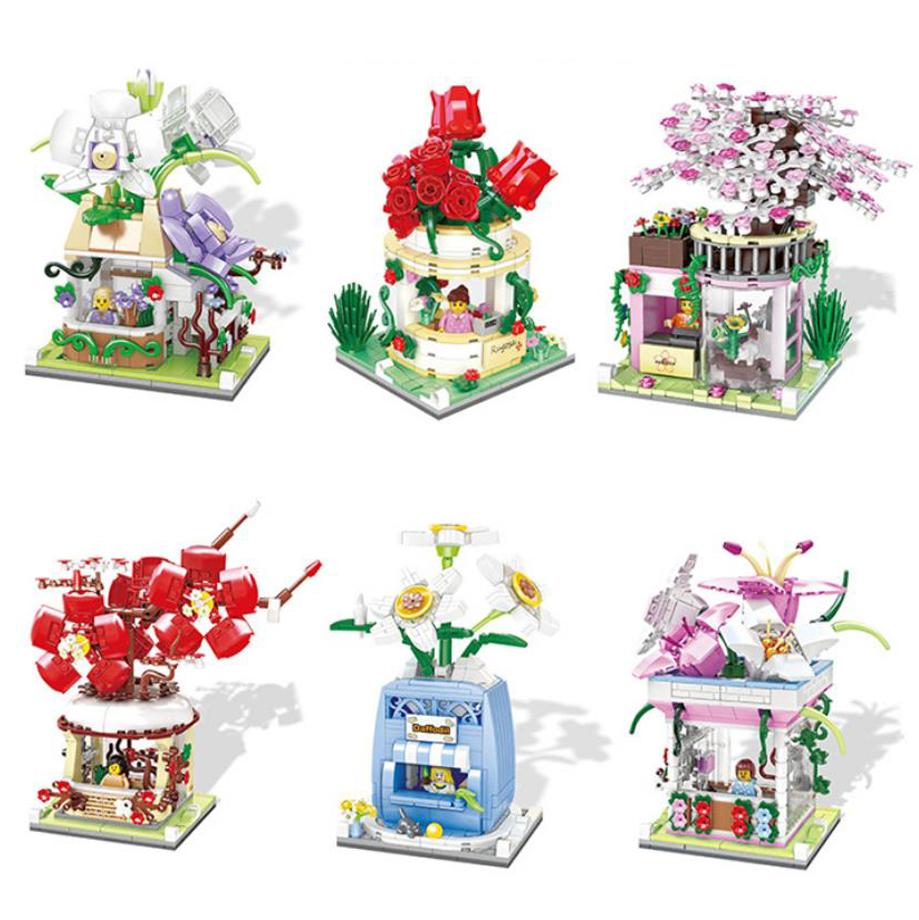 Creative Flower Shop Street View Mini Block Rose Orchid Plum Cherry Blossoms Narcissus Lily Florist Building Brick Figures Toys