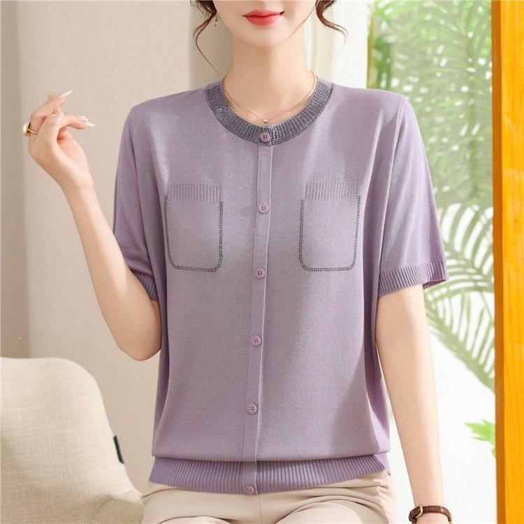 Elegant Ice Silk Short-Sleeve Knitted Top for Middle-Aged Women
