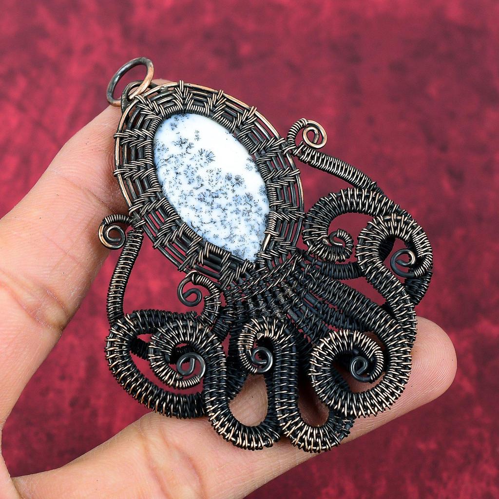 Dendrite Opal Pendant Copper Wire Wrapped Pendant Handmade Octopus Pendant Dendrite Opal Jewelry Gemstone Pendant Copper Jewelry For Gifts