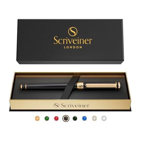 Scriveiner Ballpoint Pen Rollerball, Black Lacquer with Genuine Gold Plating, Luxury Brand, Schmidt Refill, Business Gift for Men and Women