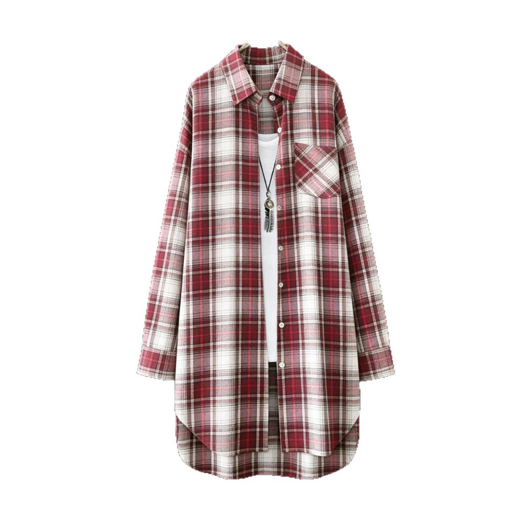 Plus Size Lightweight Retro Women Button Front Shirts for Spring/Summer Mid Length Plaid Blouse Long Sleeve Tops Blusa Feminina