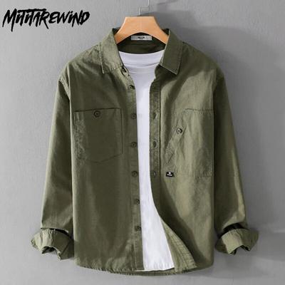 Retro Style Cargo Shirts for Men Spring/autumn Casual 100Cotton Long Sleeve Solid Color Shirt with Pocket Korean Fashion Youth Men Clothing