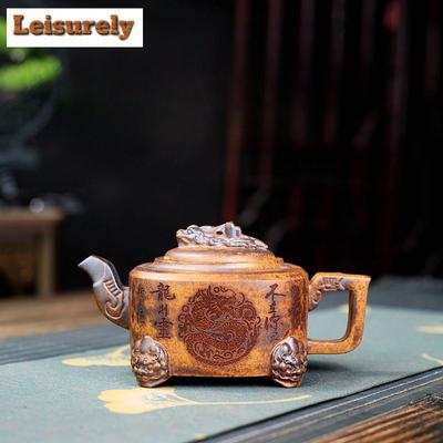 380 ml ästhetische Yixing-Teekanne aus lila Ton, handgefertigt, quadratischer Drachentopf, Roherz, Hyperthermie-Abschnitt, Schlammkessel, Zisha-Teeservice