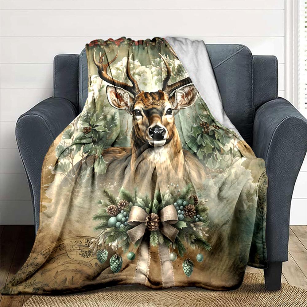 1pc Deer Christmas Blanket Lightweight Flannel Throw for Sofa Bed Travel Camping Livingroom Office Couch Chair