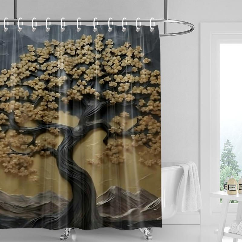 Multicolor Mountain Shower Curtain-Blue Beige Peak, Cloudy Gray Sky, Pine Silhouette, Waterproof Natural Bathroom Decoration