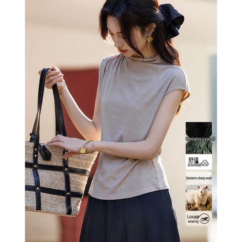 Women s Lyocell Merino Wool Blend Stacked Collar Short Sleeve T-shirt M
