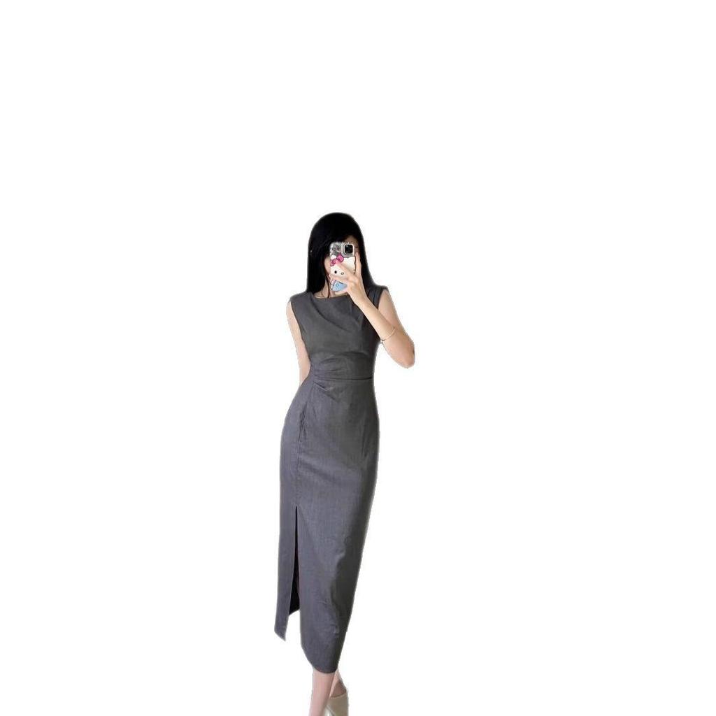 2025 Spring/Autumn Women's Sleeveless Round Neck Midi Dress with Waist Pleats