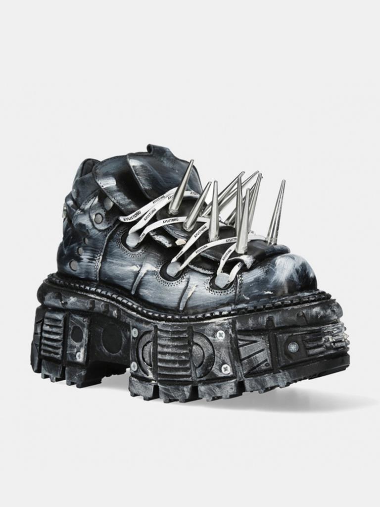 Mode Frühling und Herbst Gothic Dunkel Schwarz Plateau Dicke Sohle Punk Metall Höhenvergrößernde Lederschuhe Nieten Damenstiefel Pumps