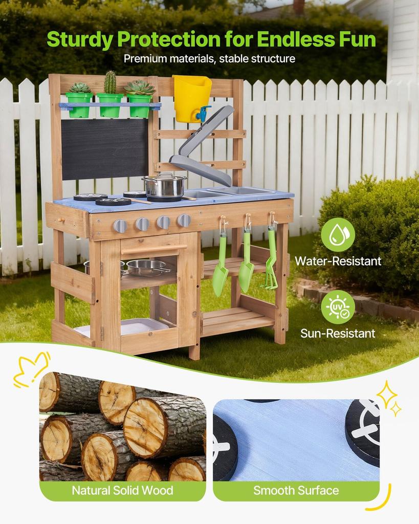 Mud Kitchen, Outdoor Mud Kitchen for Kids, Wood Outdoor Play Kitchens with Stoves, Hooks, Sinks, Planting Shovels, Spatulas, Handle, Cookware Pots and