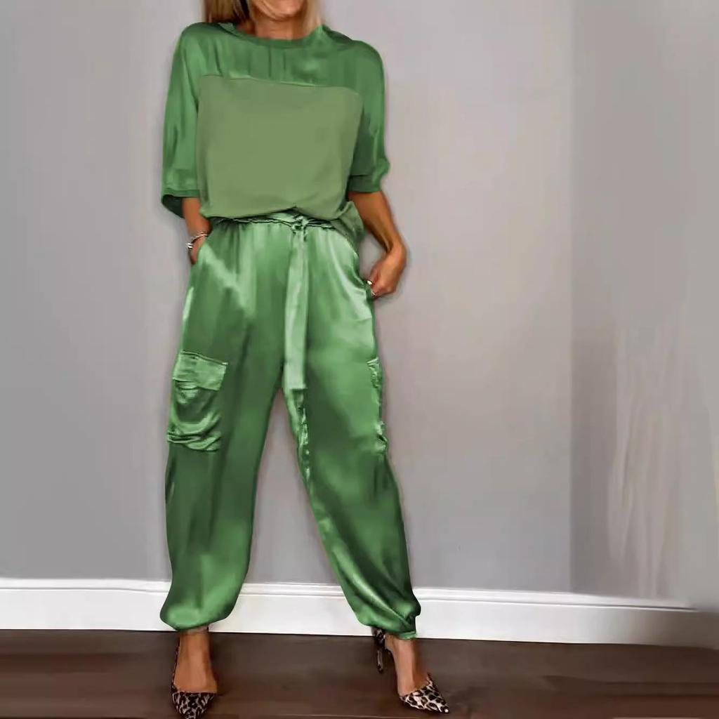 European and American Women's Satin Half-Sleeve Top and Pants Set 2024