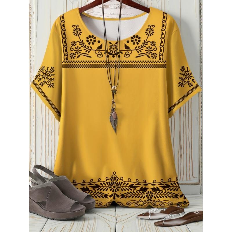 2026 Trend Summer Ethnic Graphic Print T-Shirt Round Neck Comfortable Short Sleeve Tshirt Oversized Tees Tops Women's Clothing