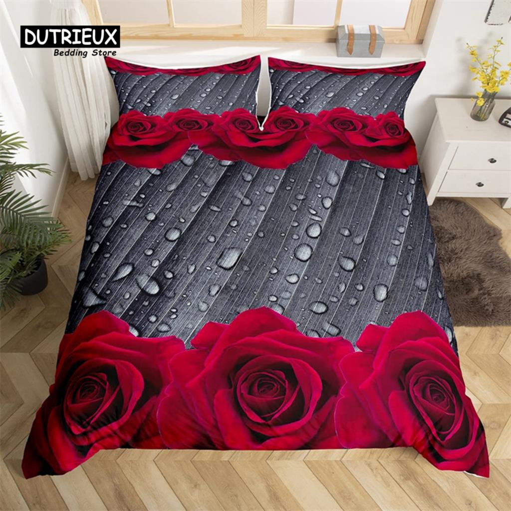 

Пододеяльник с красной розой Twin King Романтический комплект постельного белья с цветочным рисунком из микрофибры Love Heart Flowers Пододеяльник для девочки-подростка на свадьбу EU single(135x200cm)