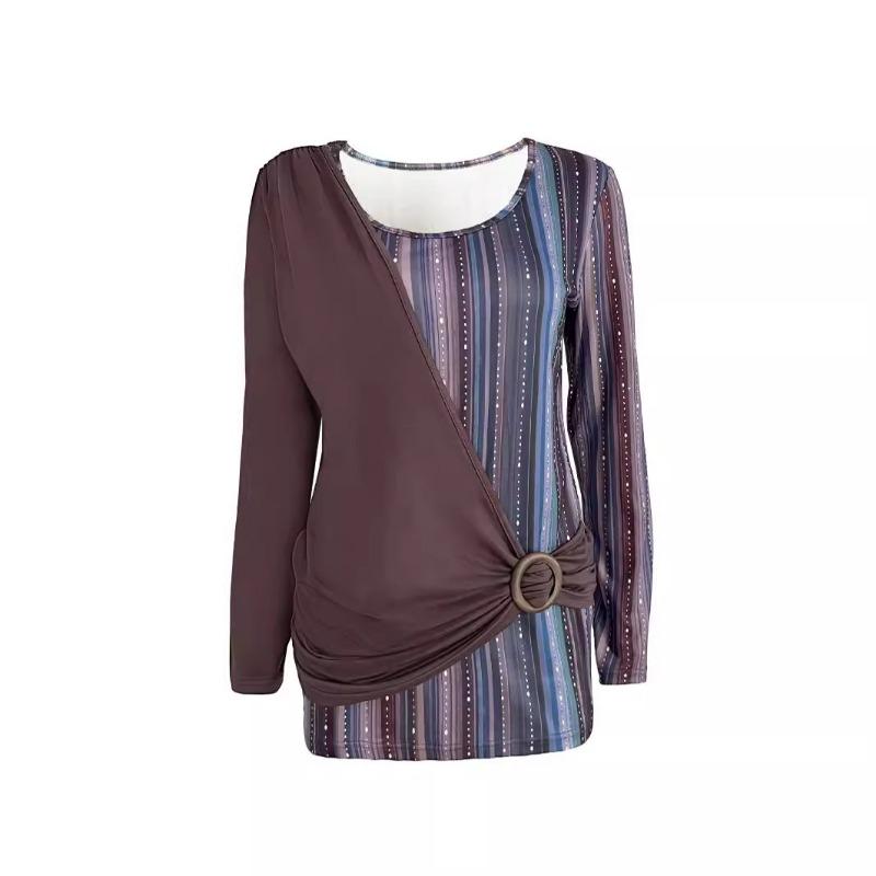 Frühling Herbst Damen Rundhals Einfarbig Patchwork Bedruckt Lässig Langarm Lockeres Oberteil T-Shirts Damen