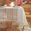 Kitchen Dining Room Washable Crochet Lace Cotton Linen Wrinkle Free Rectangle Table Cloth with Tassles