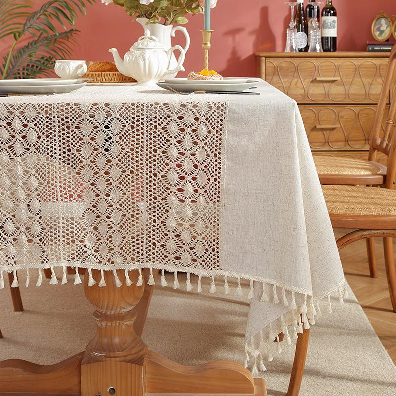 Kitchen Dining Room Washable Crochet Lace Cotton Linen Wrinkle Free Rectangle Table Cloth with Tassles