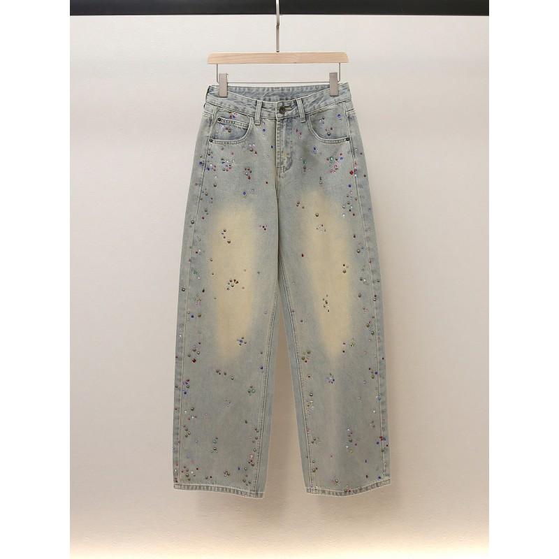 Womens High-Waisted A-Line Wide-Leg Denim Pants Winter Casual Chic Relaxed Fit Cotton Blend