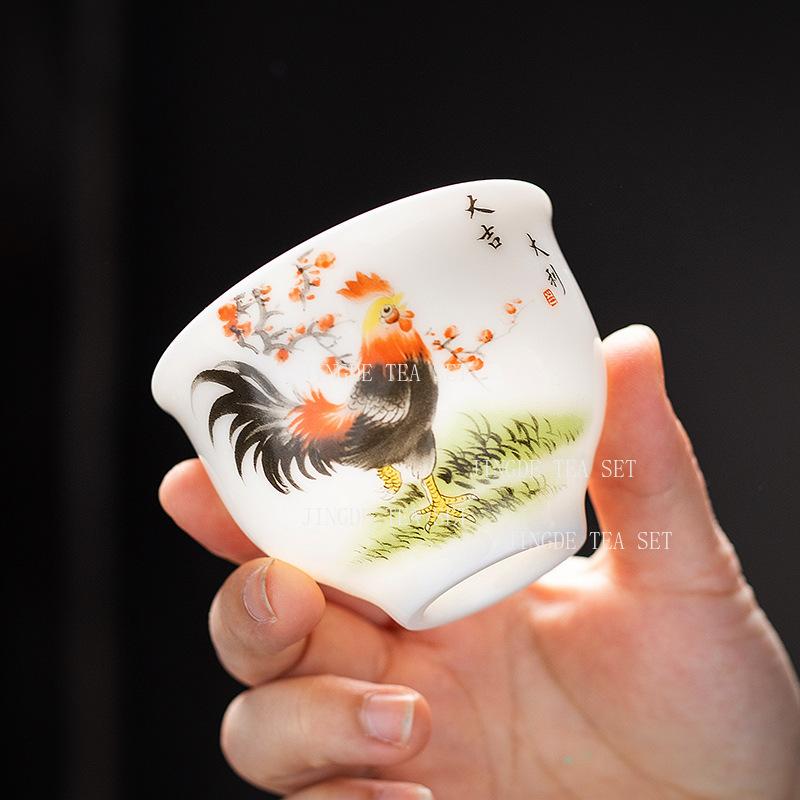 Cylinder Cup Chicken Ceramic Chinese Tea Cup Sheep Fat Jade Rooster Tea Cup Kung Fu Tea Ceremony Accessories Drinking Utensils