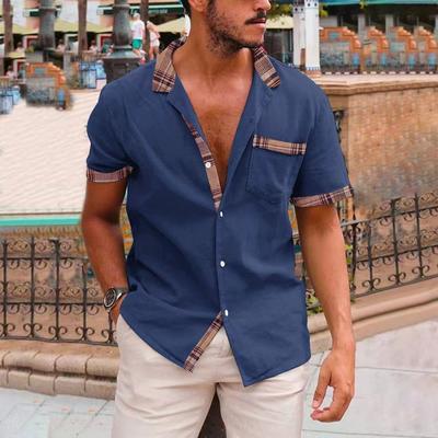 2025 Sommer Neu Herren High Street Revers Karomuster Manschetten Patchwork Brusttasche Mode Lässig Kurzarmhemd Top Kleidung