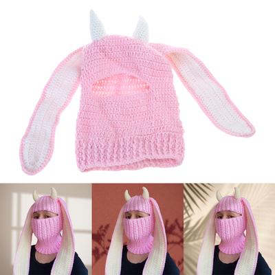 Wintermütze mit Hasenohren für Damen, handgewebte Sturmhaube, originelle Partymütze für Mädchen und Jungen, Strickmaske, Accessoires für Erwachsene