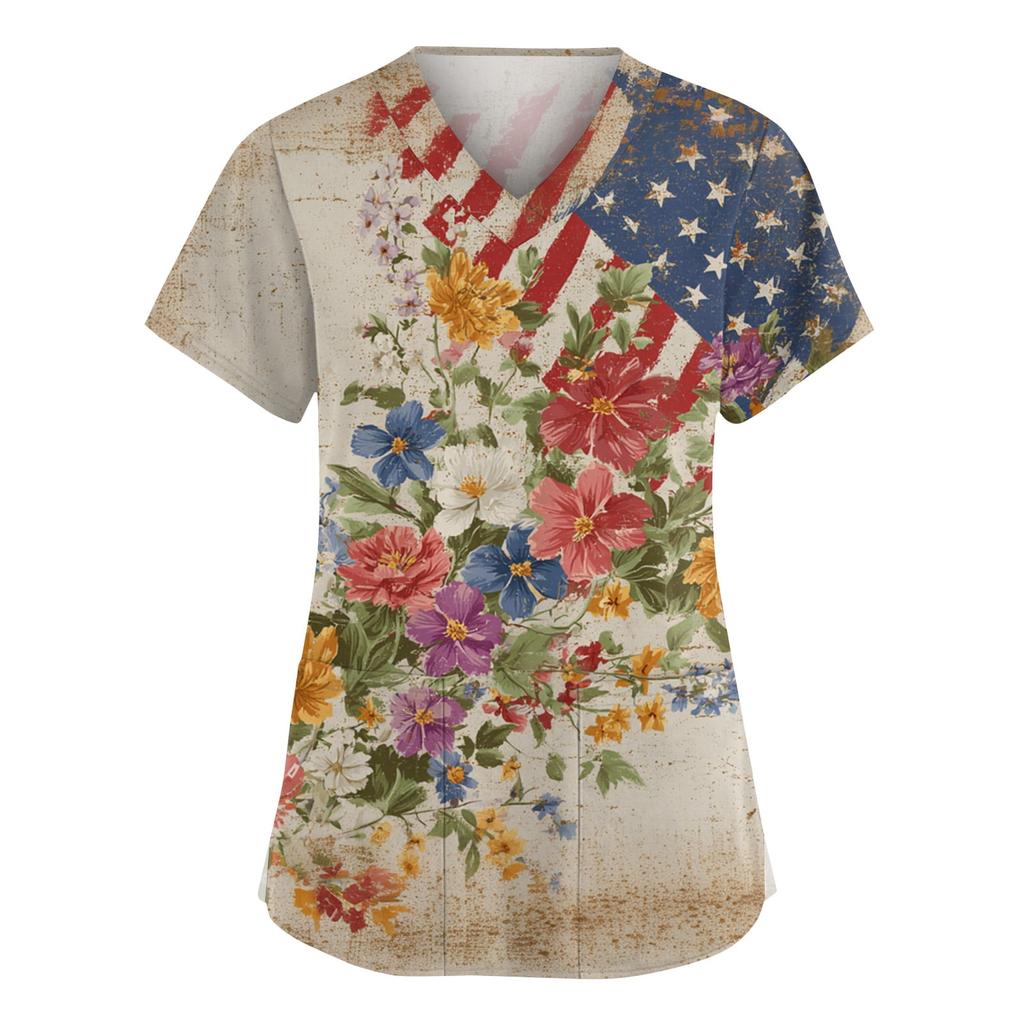 Nursing Scrub Tops for Women 250th Anniversary Usa Nurse Tops V Neck Short Sleeve American Flag Scrub Top Scrubs for Woman Sets