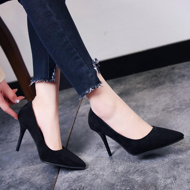 New Fashion Women's Shoes Sexy Black High Heels Sharp Pointed Suede Pumps Elegant Shallow Mouth Shoes