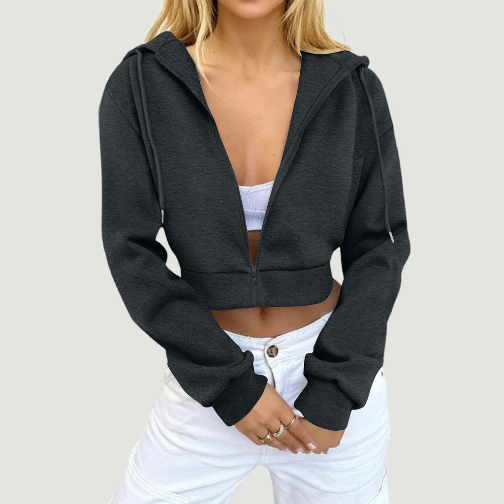 Women's Color Zipper Crop Hooded Jacket