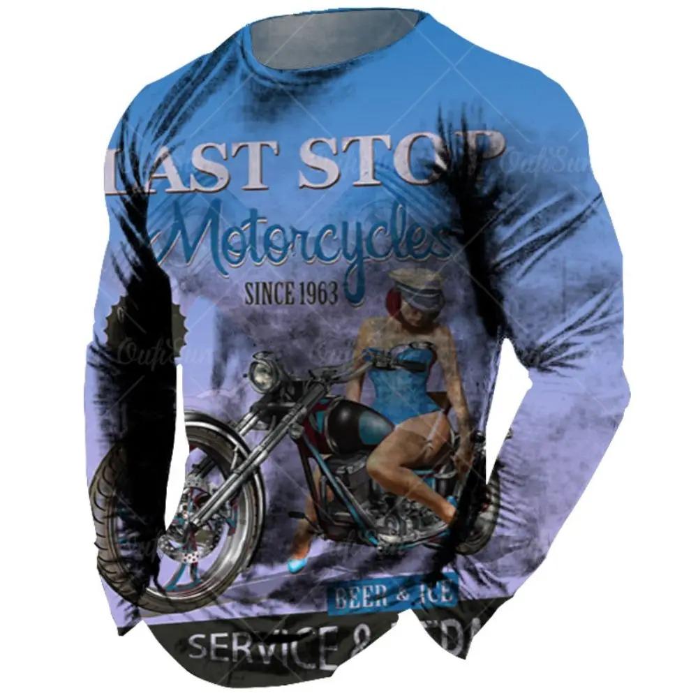 Fashionable Retro 3D Motorcycle Printed Pattern Men's Round Neck Long Sleeved T-shirt