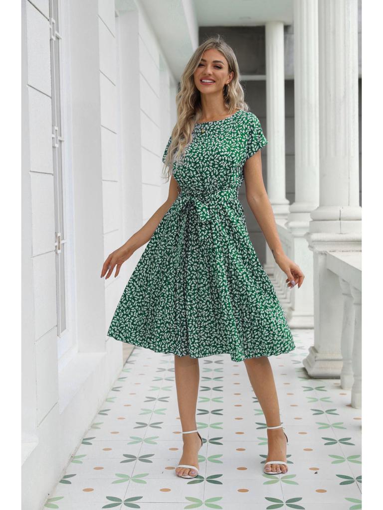 2025 European & American Summer Floral Lace Dress - Casual Short-Sleeved Pleated Skirt