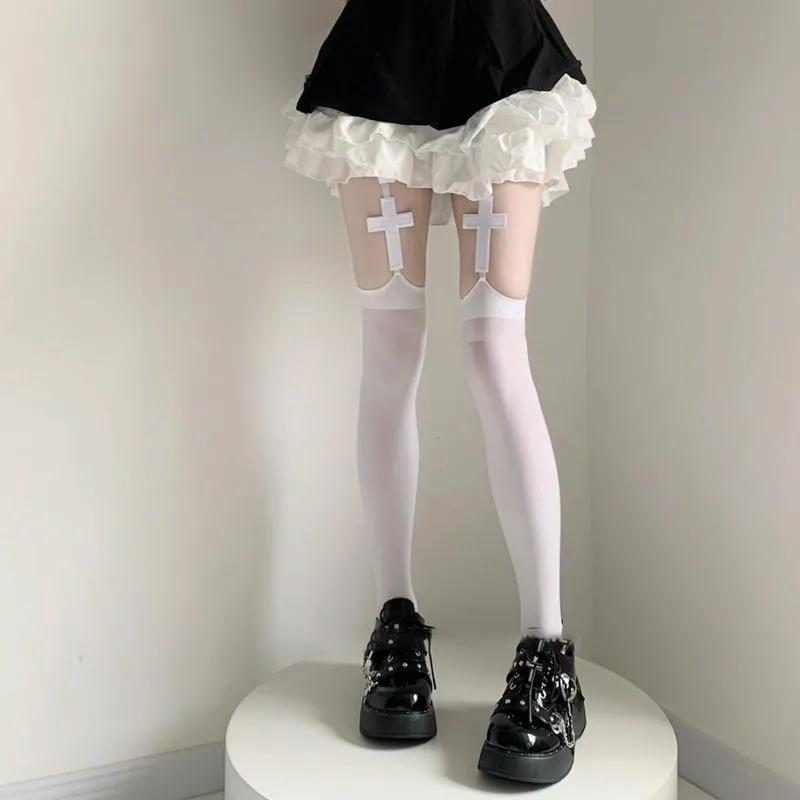 2026 Personality Metal Cross Tights for Women Suspender Socks Thin Thigh High Lolita Anime Cosplay Gothic Over Knee Stockings