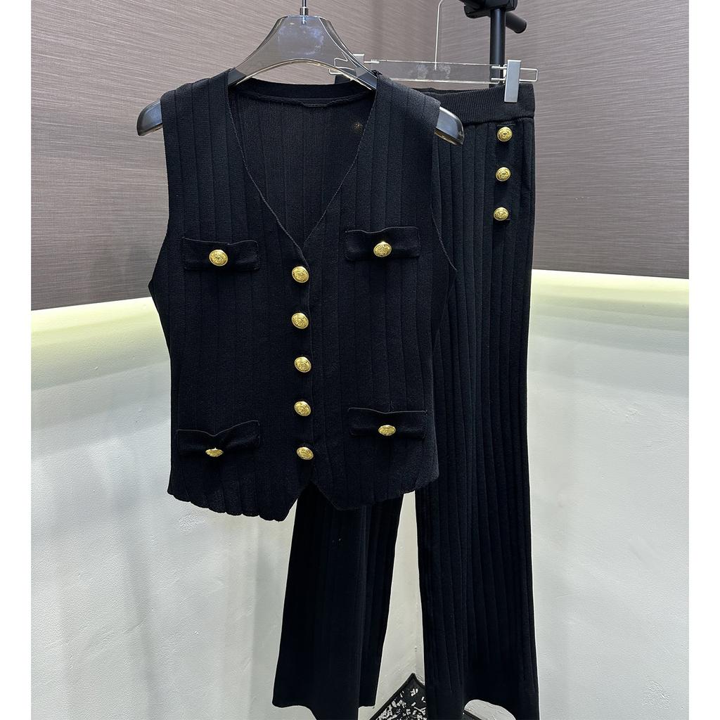Casual Knitted Sweater Two Piece Sets for Women Metal-button V-neck Sleeveless Fitted Versatile Knit Top and Casual Pants Set