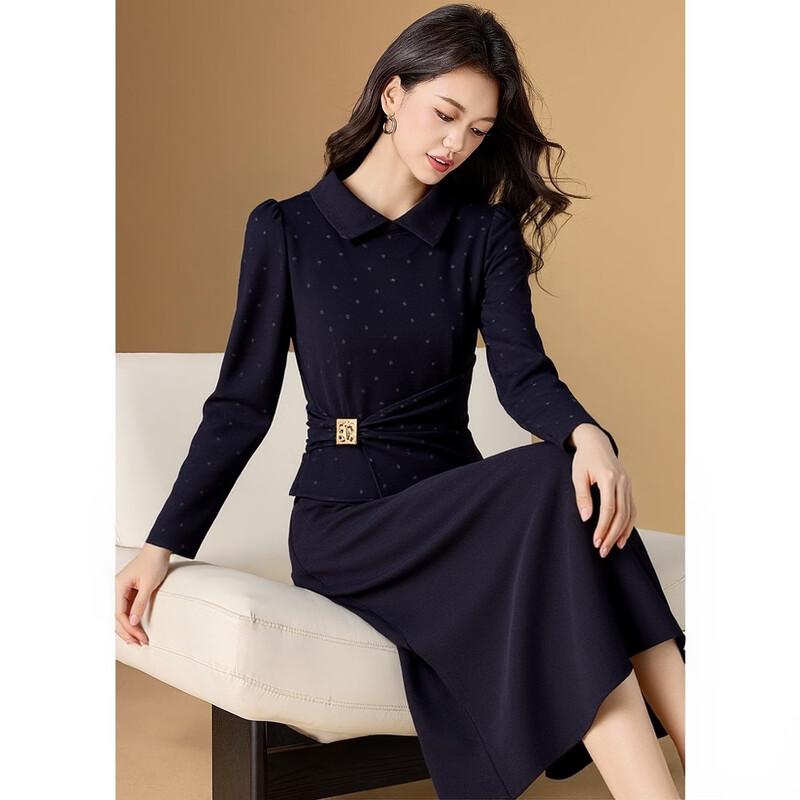 Women s Polka Dot Peter Pan Collar Faux Two-Piece Long Sleeve Dress L