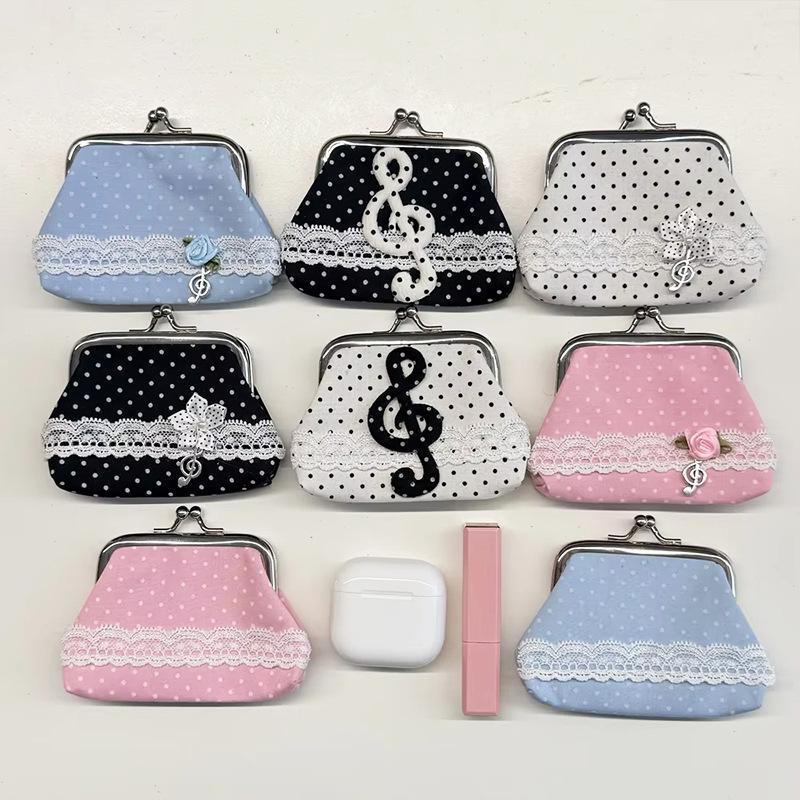Cute Y2K Coin Purses Lady Small Wallet Wave Dot Handmade Lace Showa Rose Vintage Bag Hanging Pendant Earphone Bag Wallet