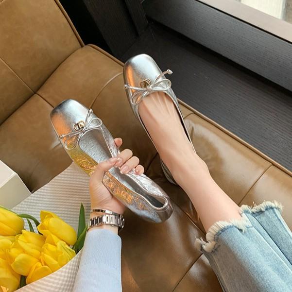 Genuine leather~ grape mother super soft sheepskin ballet flats women's round head shallow mouth commuting gold buckle bow single shoes