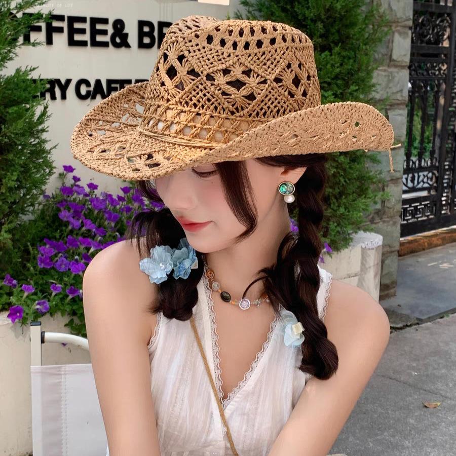 Sommer Sonnenblende Kinder hohl atmungsaktiv Strand handgewebter Strohhut Retro Glockenhut Cowboyhut