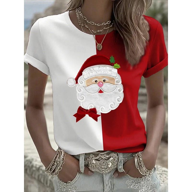 Womens Slim Fit Round Neck Short Sleeve T-Shirt With 3D Santa Claus Print Soft Cotton-Feel Fabric Casual Office Wear