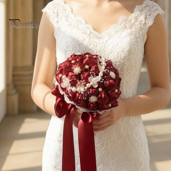 Wedding Ceremony Flower Decorations Artificial Silk Rose Bridal Bouquet with Chiffon Ribbon, Toss Flowers for Ceremony, Bouquets Bridesmaids Flowers,