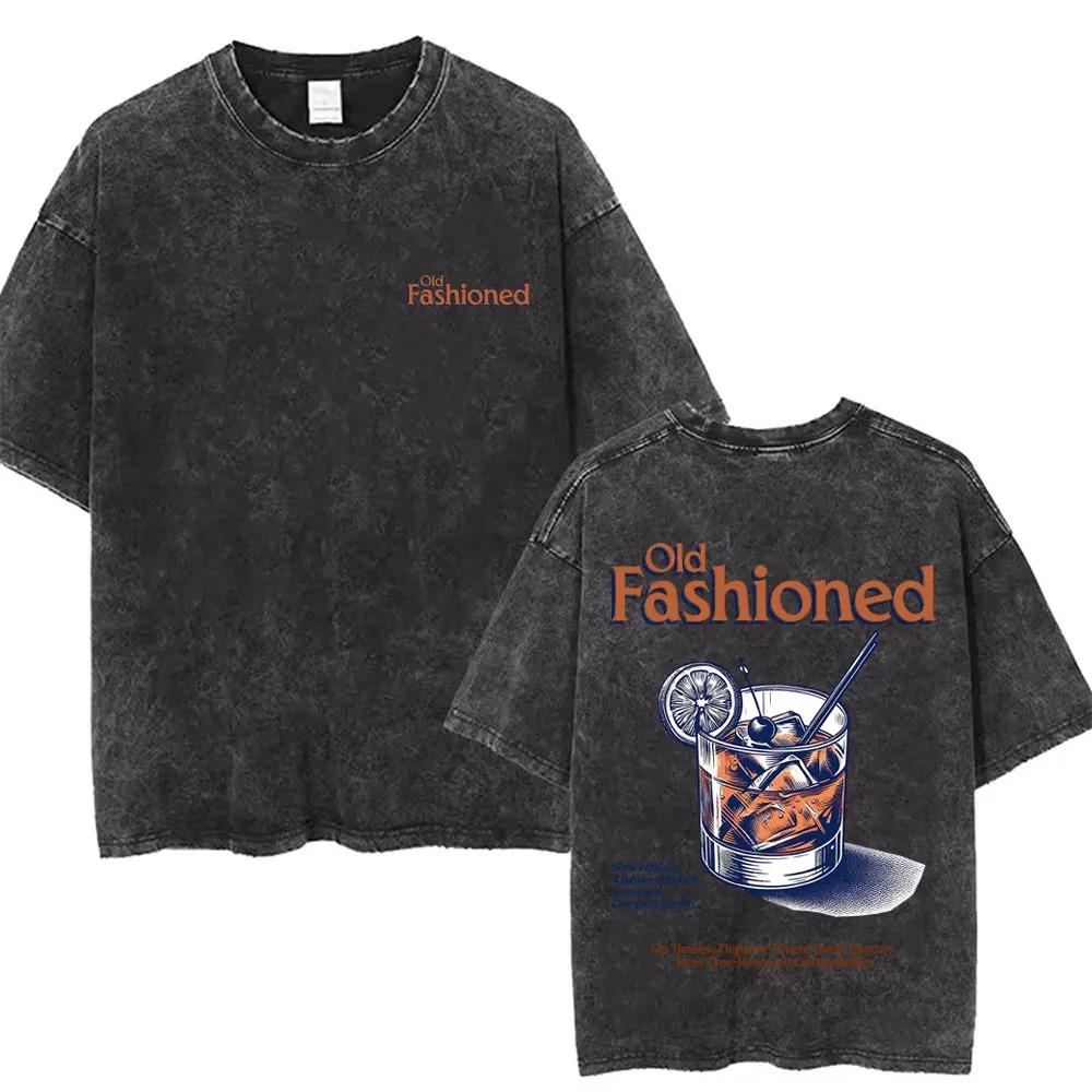 

Oversized Acid-Wash Vintage Short-Sleeve T-Shirt Featuring Old Fashioned Cocktail Retro Illustration Double-Sided Graphic Print L