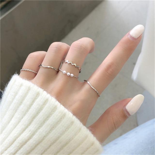 Hip Hop Rock Gold Color Chain Rings Set Girls Punk Geometric Sleek Minimalist Finger Rings Women Trend Jewelry Accessories Celebration Party Event