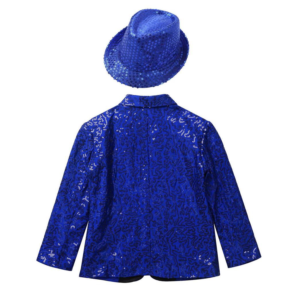 Boys Shiny Sequins Tuxedo Suit Long Sleeve Lapel Single Breasted Jacket Coat with Hat Dance Banquet Performance Costume