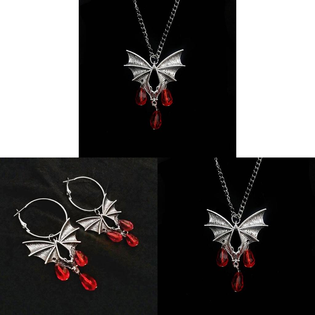 Gothic Bat Pendant Necklace And Earrings Set With Alloy Material For Alternative Fashion Enthusiasts