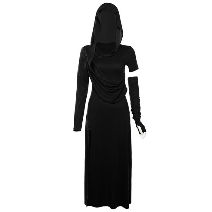 

Vintage wasteland style design sense hooded dress femininity pleated thin high split spice girl long dress S чёрный