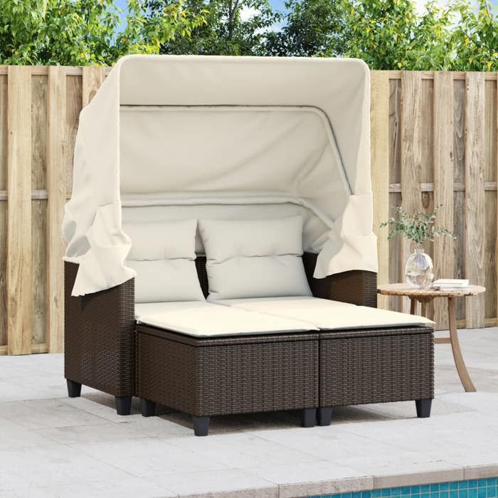 VidaXL Garden Sofa 2 Seater with Canopy and Stools, Patio Seat, Outdoor Balcony Terrace Furniture, Brown Resin 365782