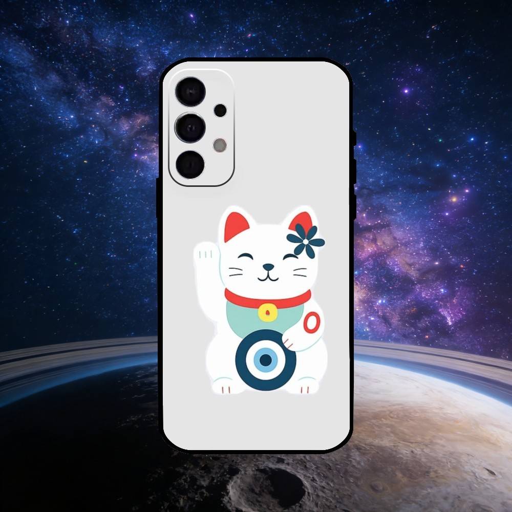 Uroczy Szczęśliwy Kot Maneki Neko Etui na Telefon Dla Samsung S25,S24,S23,S22,S21,S20,Ultra,Plus,FE Czarne Miękkie Etui