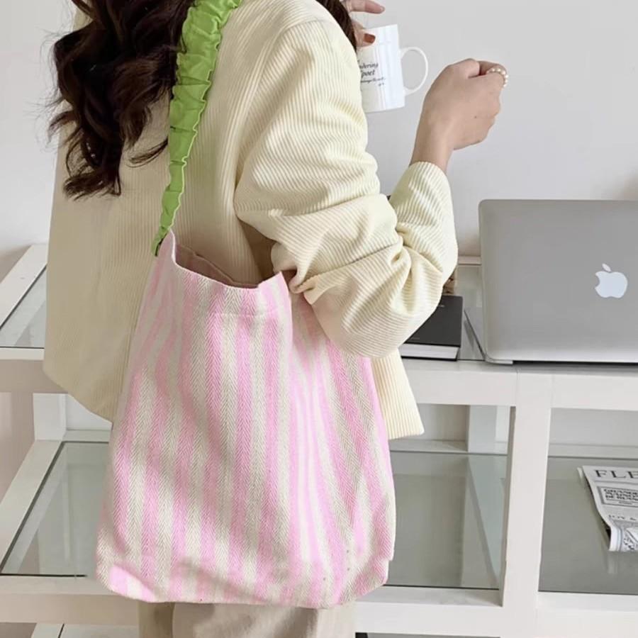 Summer Small Fresh Shoulder Canvas Bag New Contrasting Stripes Large Capacity Pleated Shoulder Strap Tote Bag