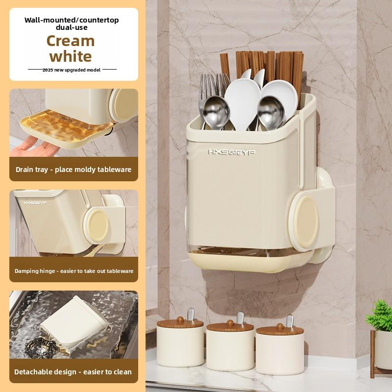 Chopstick Storage Box, Wall-mounted Kitchen Tableware Rack Without Drilling, Household Draining Spoon and Chopstick Holder 1pc