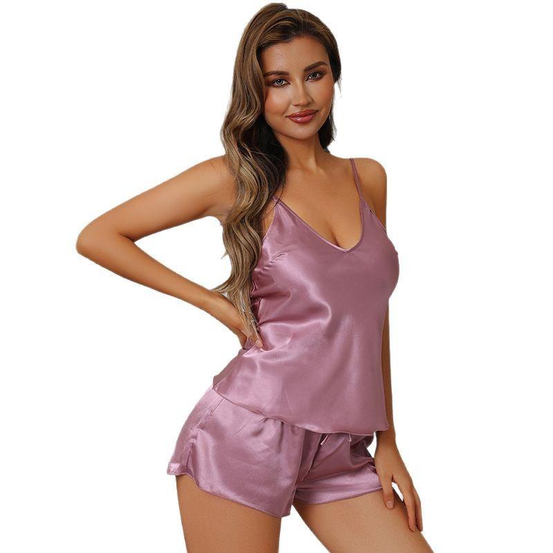 European and American Imitation Silk Pajamas Women's Summer Suspender Pajamas V-neck Summer Sexy Summer Shorts Set