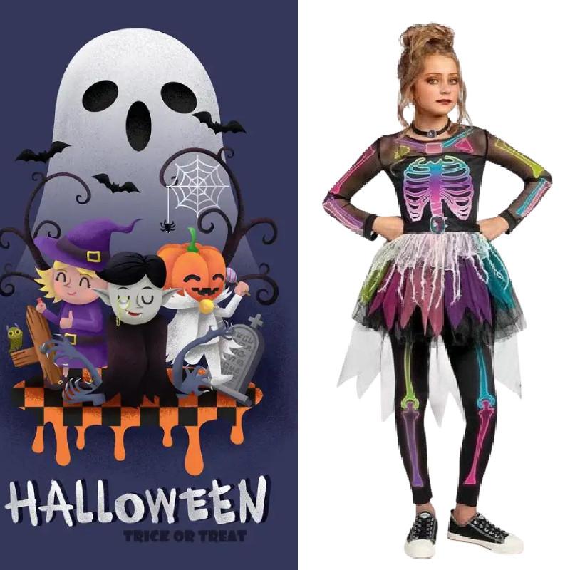 Halloween Human Skeleton Dress For Kids With Polyester Material For Party Cosplay