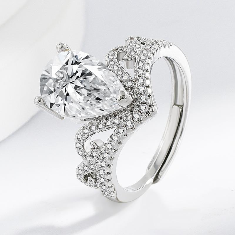 2026 Large Water Drop High Carbon Diamond Ring Howe Inlaid Zircon Crown Ring European and American Personality Ring Resizable  ﻿