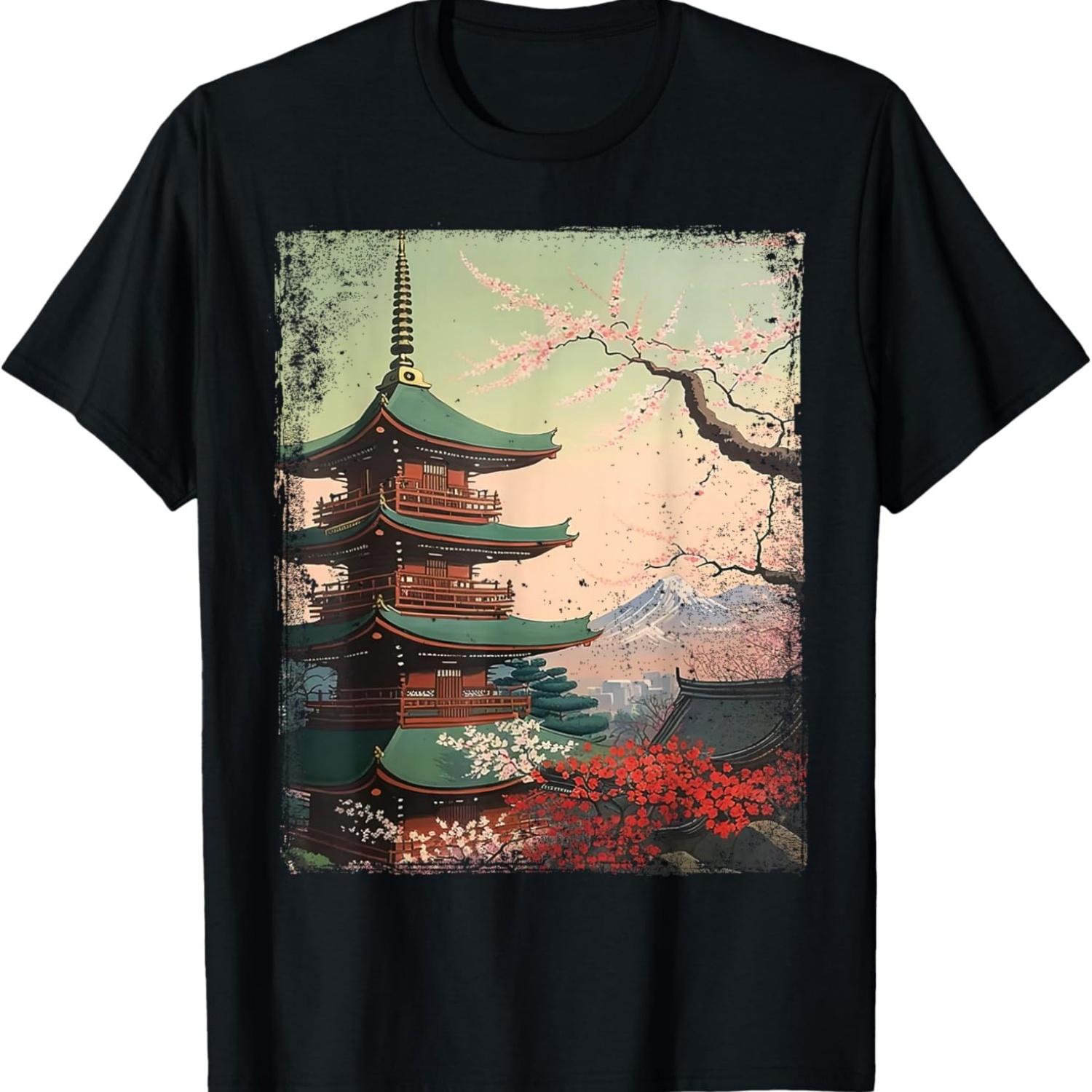 Ukiyo-e  Art - Pagoda and Cherry Blossoms T-Shirt S чёрный