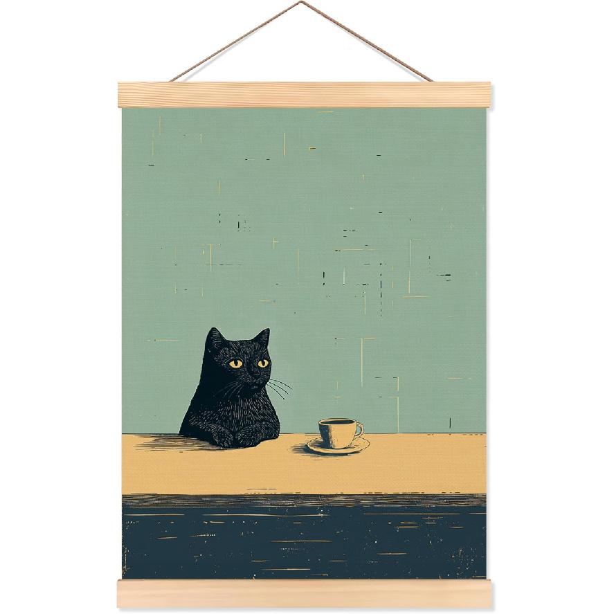 ROXMART Vintage Japanese Sushi Black Cat Poster Hanger Frame, Retro Edo Period Ramen Sushi Cat Wall Art Prints Decor for Kitchen Restaurant Home